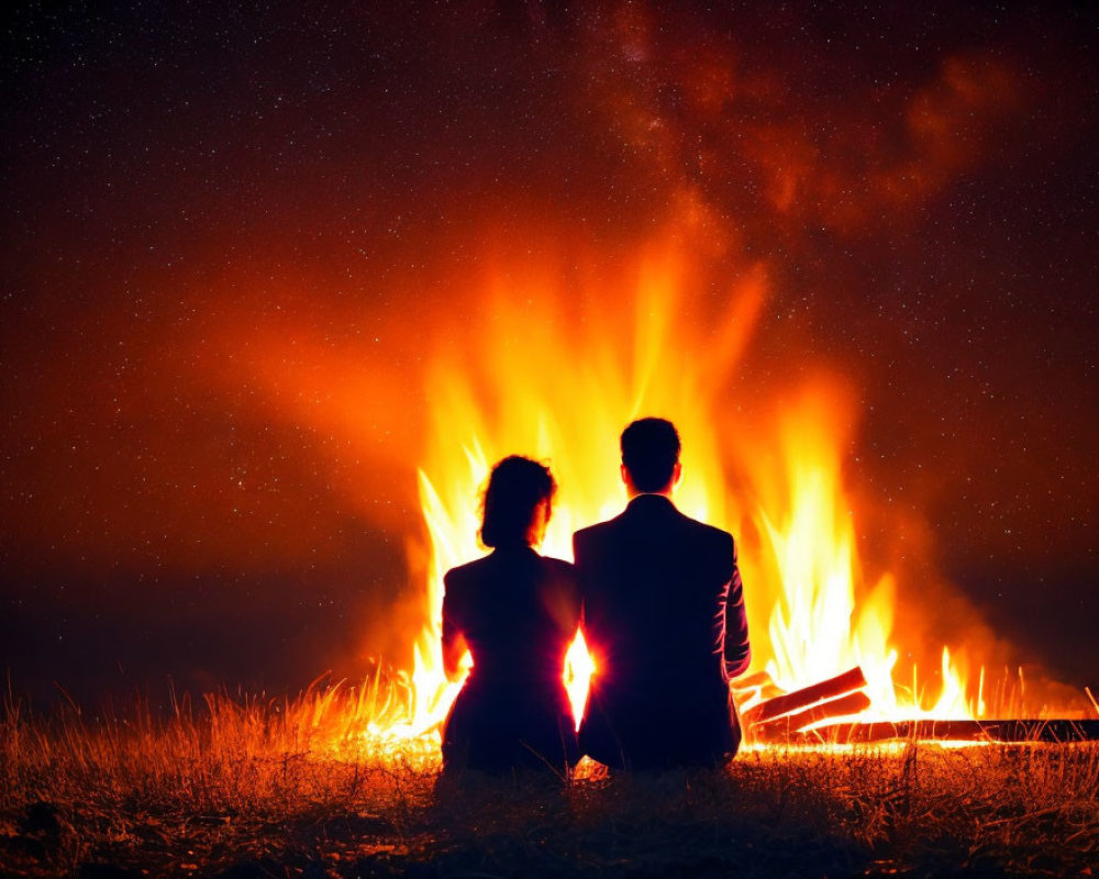 Nighttime scene: Two individuals by bonfire under starry sky