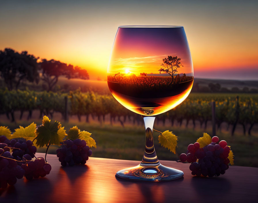 Wine glass reflecting vineyard at sunset with grape clusters and colorful sky