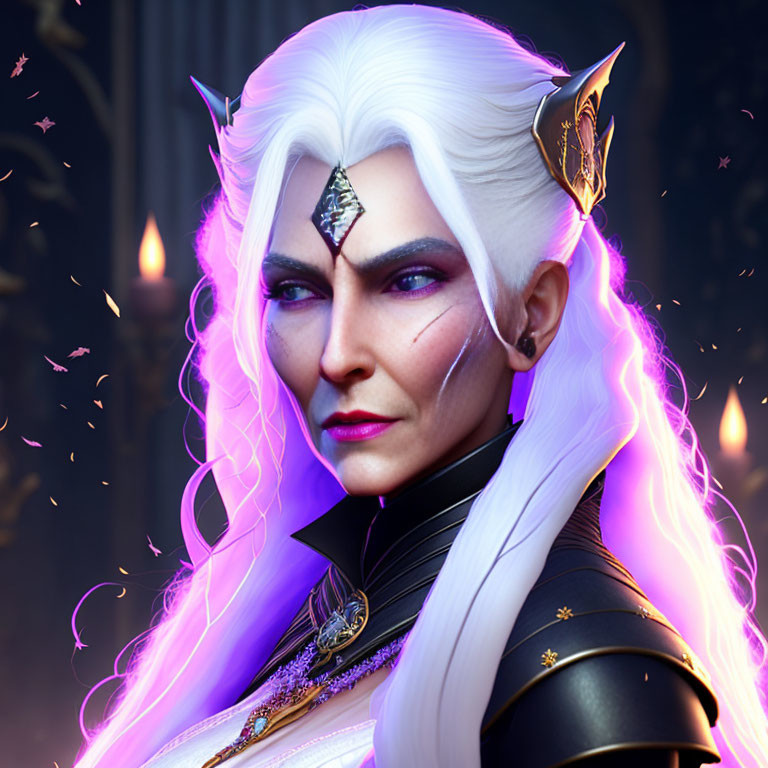 Fantasy character with white hair and purple eyes in magical flames