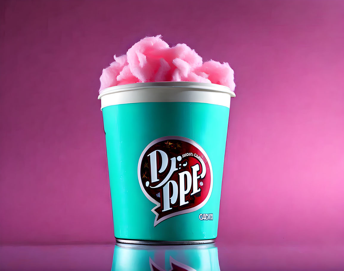 Turquoise cup with Dr. Pepper logo and pink cotton candy on pink background