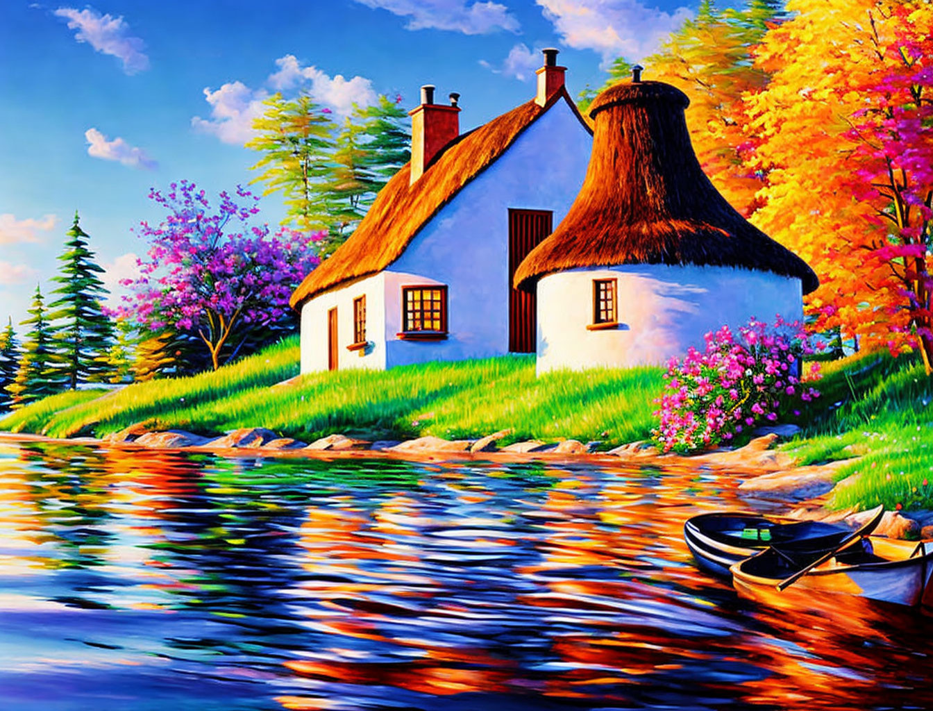 Thatched-Roof Cottage by Serene Lake in Autumn Setting