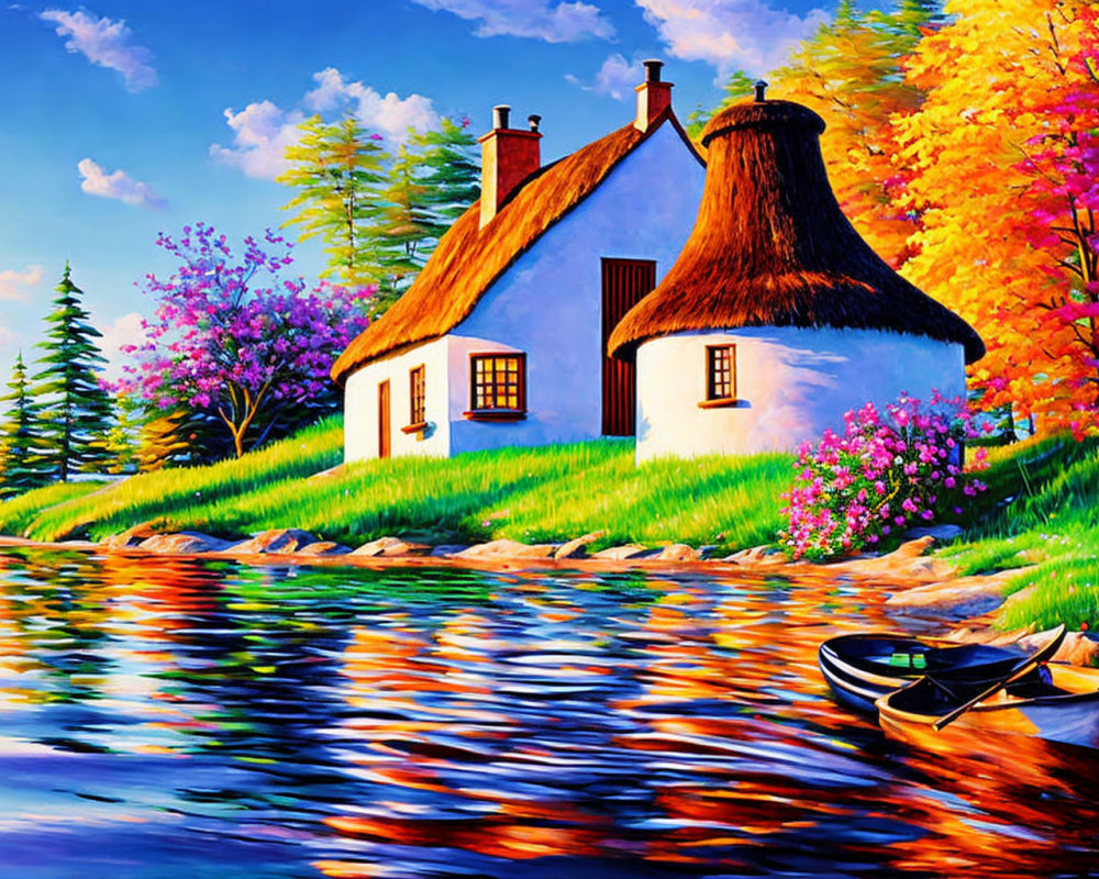 Thatched-Roof Cottage by Serene Lake in Autumn Setting