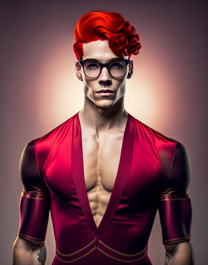 Stylized man with red hair and glasses in red and gold outfit