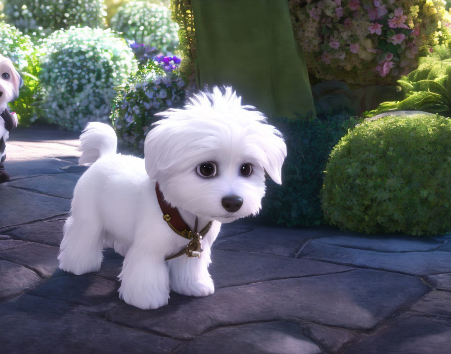 Fluffy white puppy with collar and tag on stone path with colorful flowers