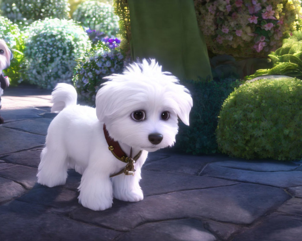 Fluffy white puppy with collar and tag on stone path with colorful flowers