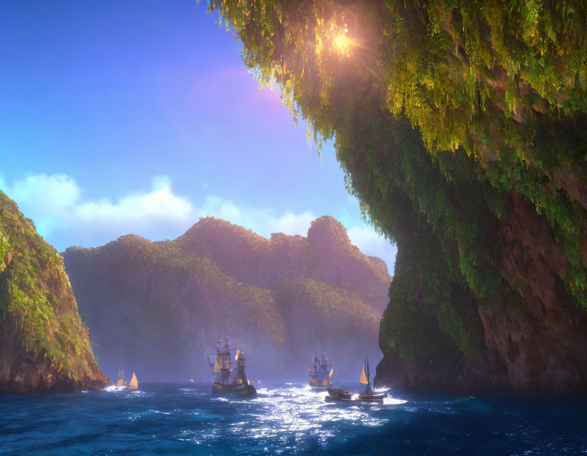 Sunlight illuminates ships in misty cove surrounded by lush cliffs