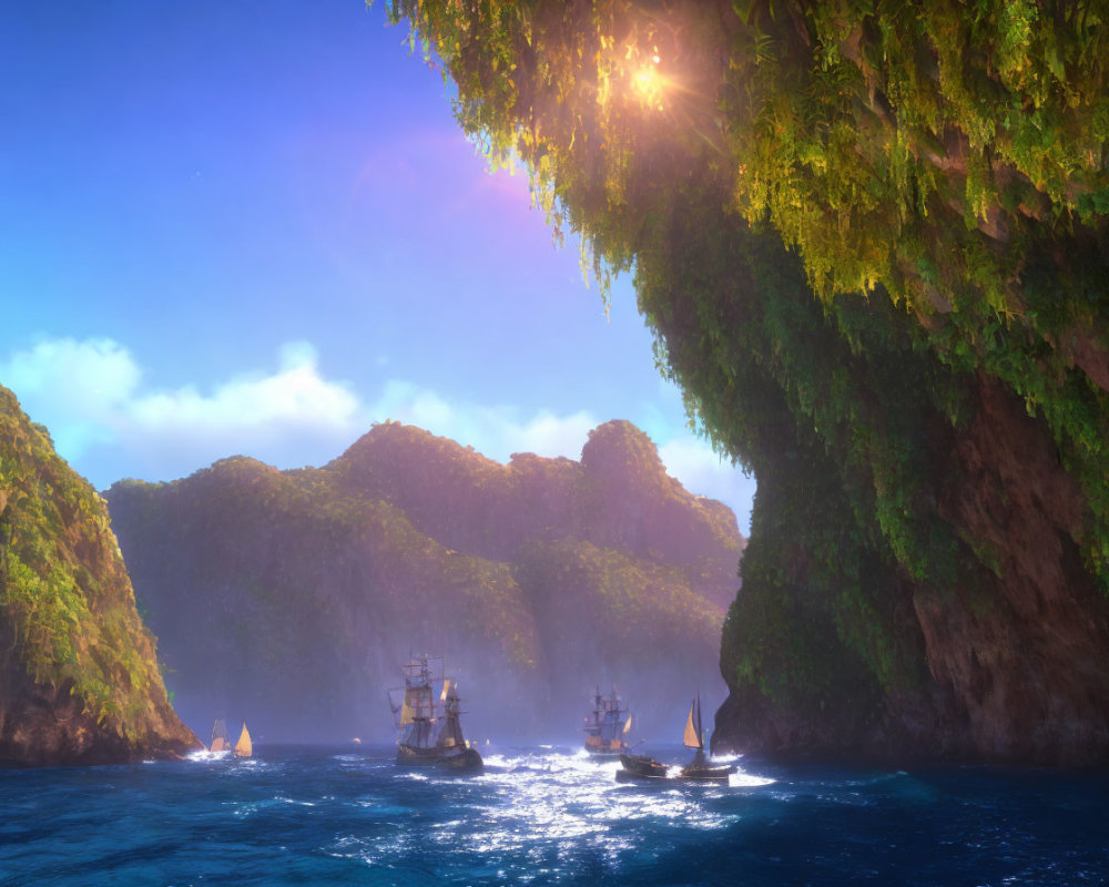 Sunlight illuminates ships in misty cove surrounded by lush cliffs