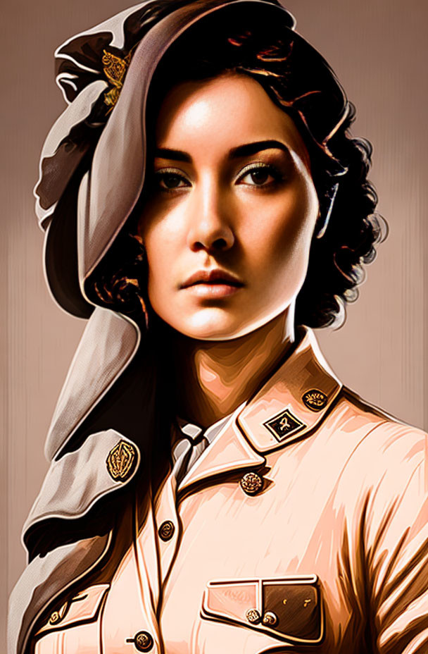 Serious woman in military uniform illustration on brown background