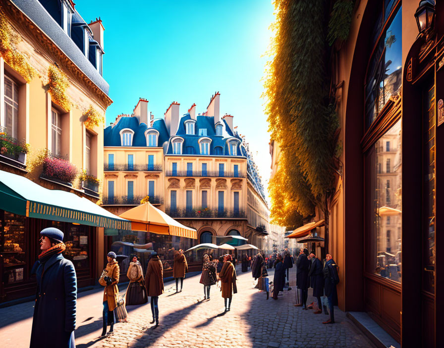 European Street Scene with Classic Buildings and People Strolling