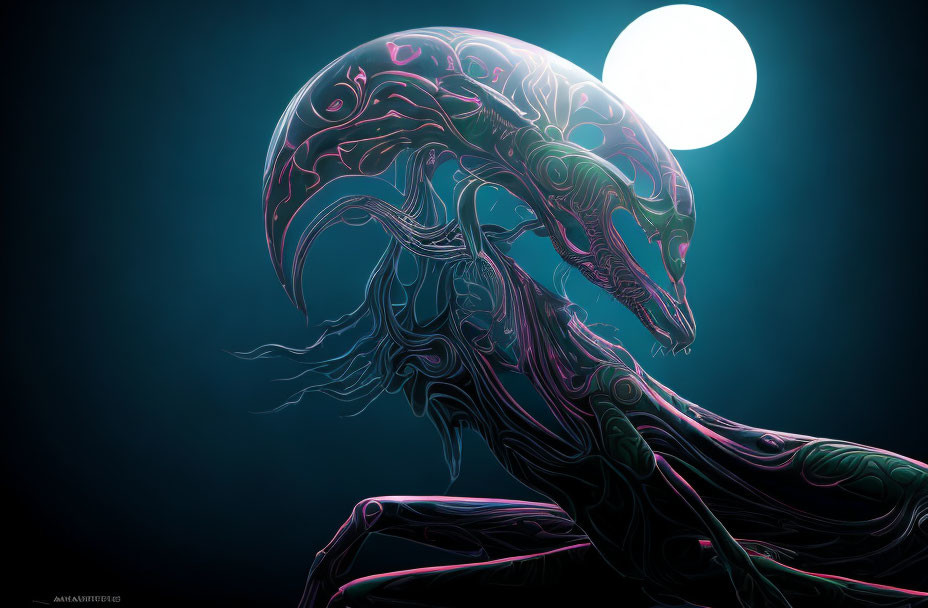 Digital artwork: Bio-mechanical alien creature with moon.