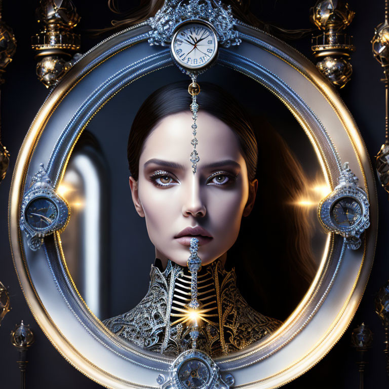 Symmetrical portrait of a woman with ornate headgear, clock, candles, dark aesthetic