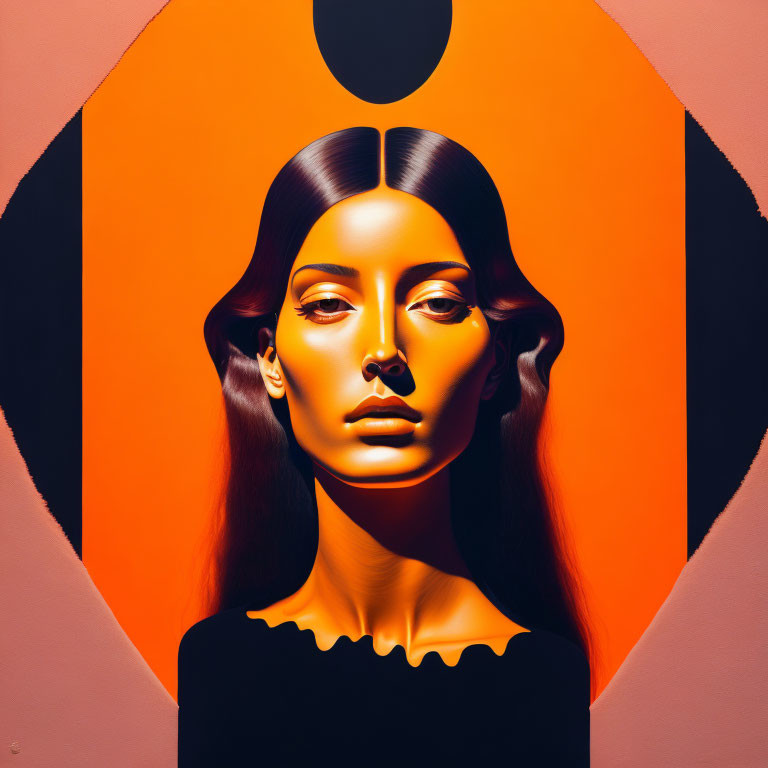 Symmetrical portrait of woman with sleek hairstyle and striking gaze on orange and black background in peach circle