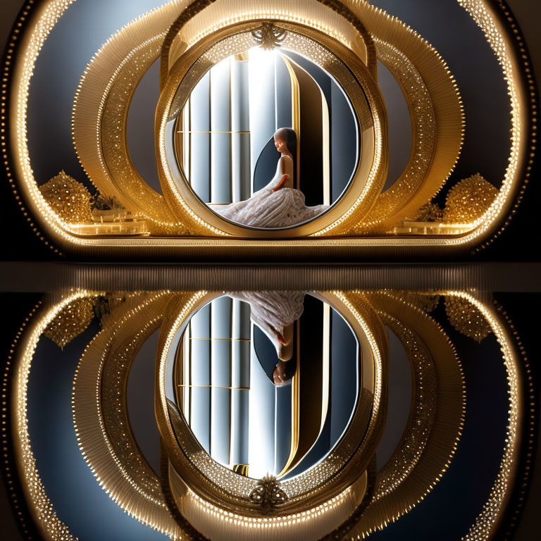 Circular room with golden structures and reflections: A woman sitting in a surreal setting