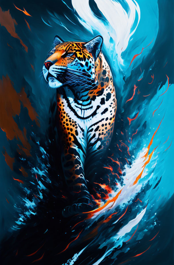 Colorful jaguar emerging from water with dynamic splashes in blue and orange