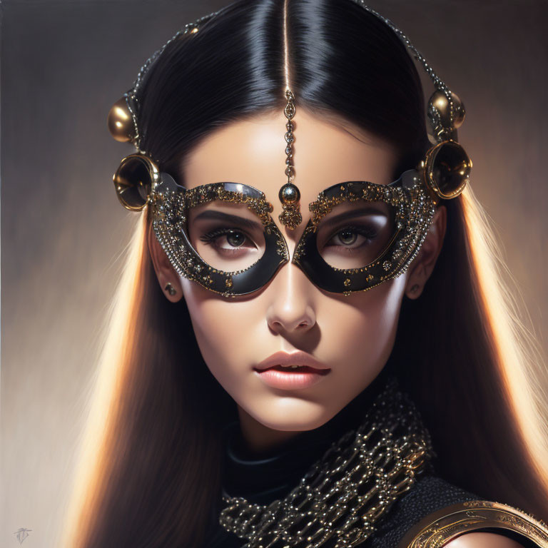 Woman with Striking Makeup and Ornate Gold Mask Eyewear, Chains and Beads