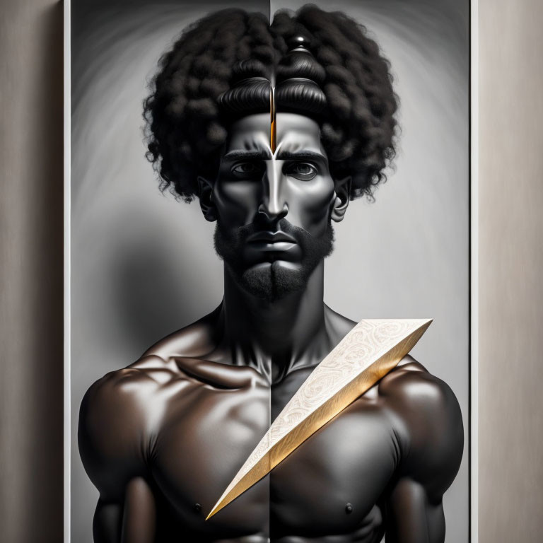 Split Portrait of a Man with Sword in Digital Art