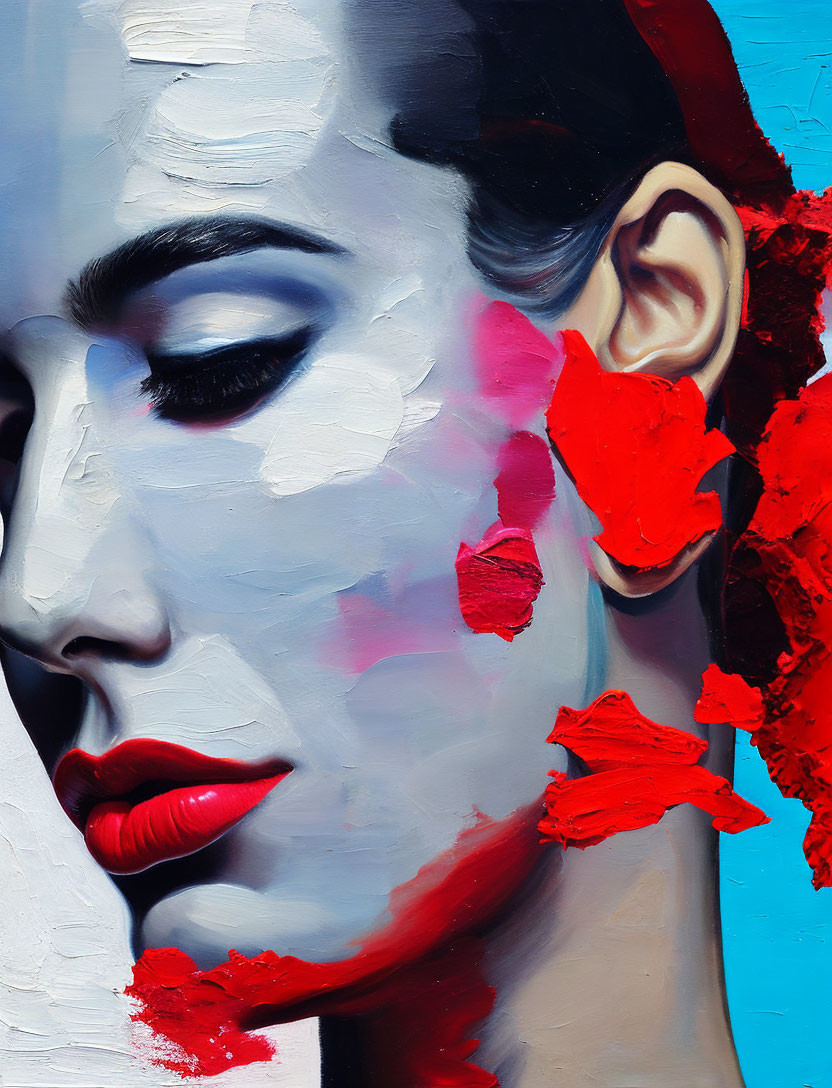 Vibrant red accents on woman's profile painting on blue background