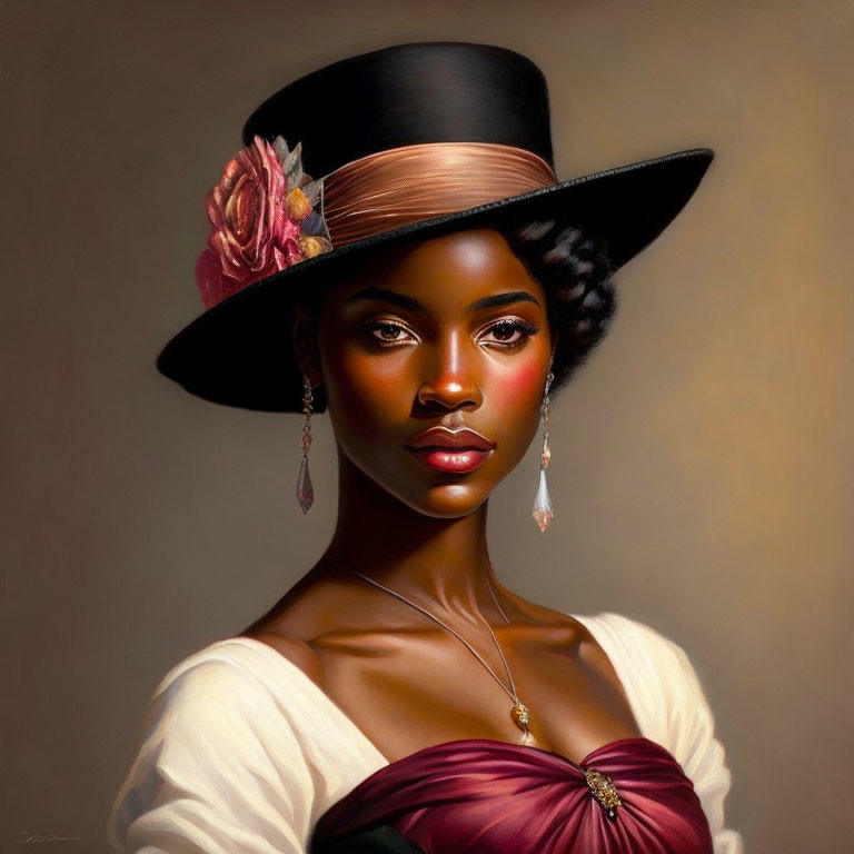 Portrait of a woman in stylish hat and elegant attire with confident gaze