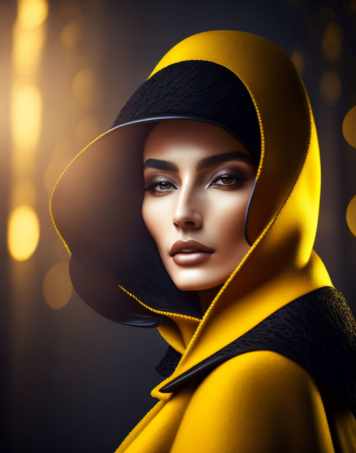 Woman in Striking Makeup with Yellow Headscarf and Black Outfit on Blurred Golden Background