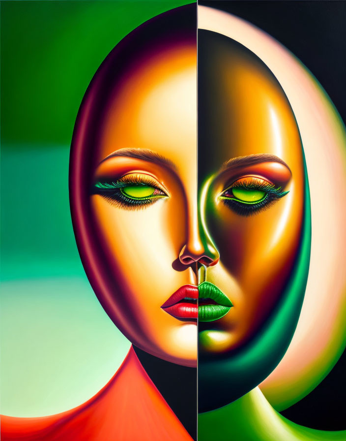 Colorful split-face abstract painting with warm and cool tones and detailed eyes