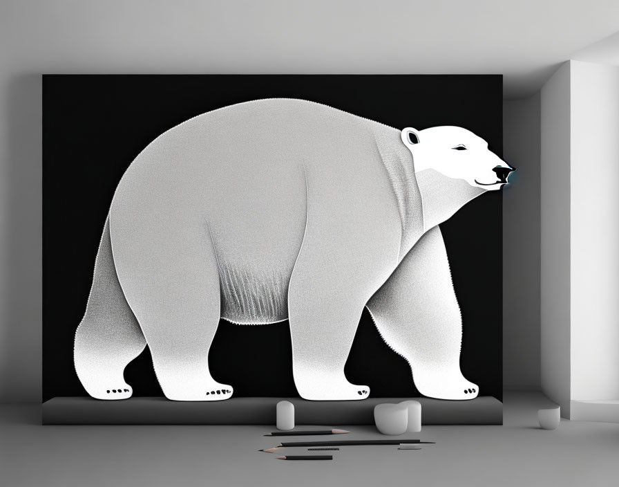 Large Textured Polar Bear Illustration in Minimalist Room with Painting Tools