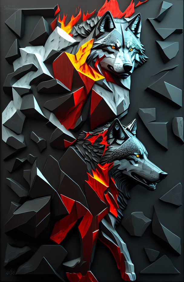 Stylized wolf with geometric fragments and fiery red accents on shattered grey backdrop