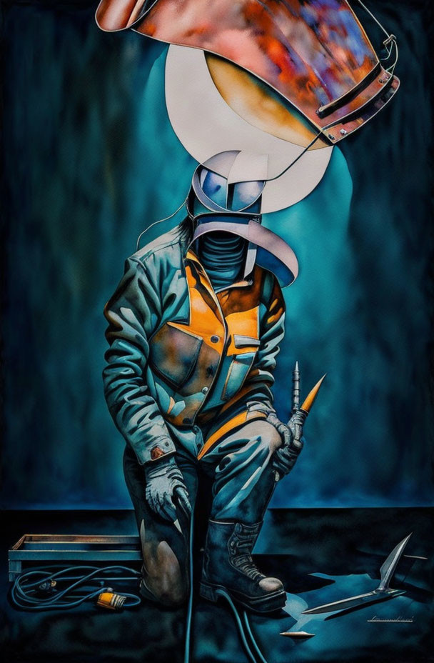 Abstract painting of a kneeling welder with helmet and welding rod