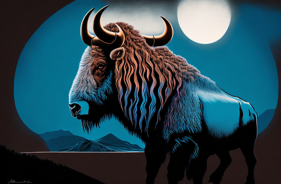 Detailed illustration: Bison with golden horns in nocturnal mountain scene