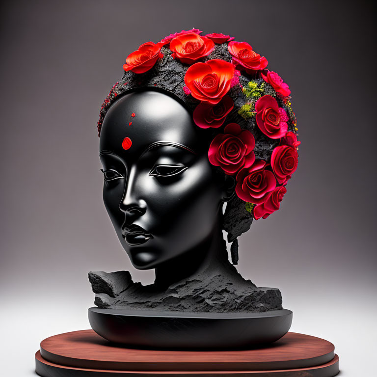 Stylized female bust with red bindi and floral adornments on wooden base