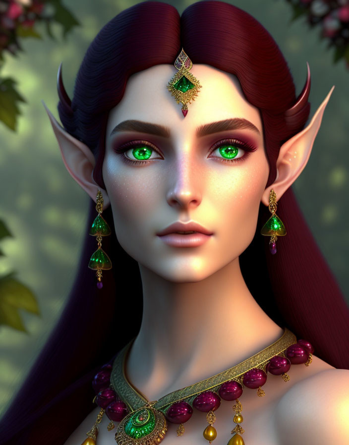 Elf digital portrait with green eyes, red hair, pointy ears, golden and emerald jewelry