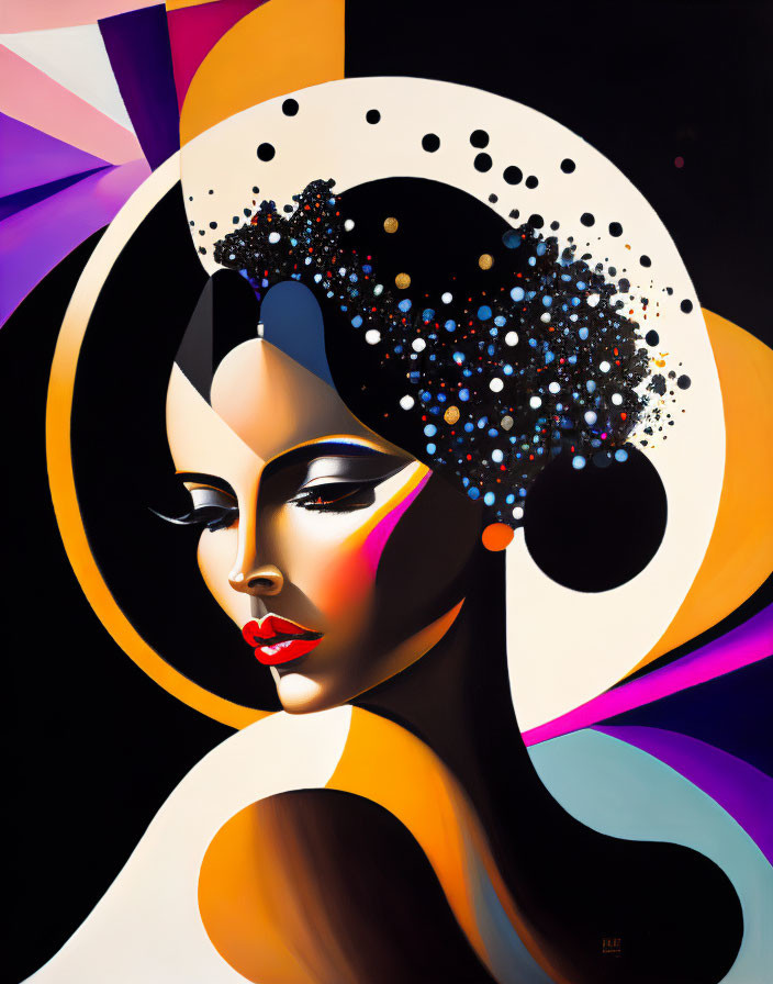 Abstract geometric portrait of woman with cosmic hair accessory