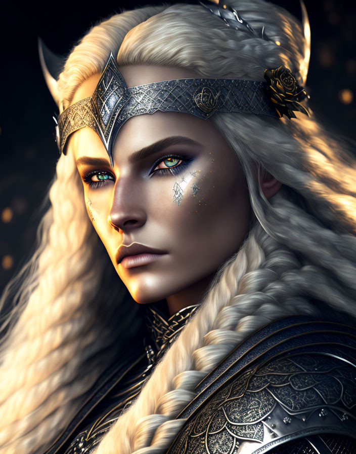 Fantasy elf woman with green eyes and silver armor