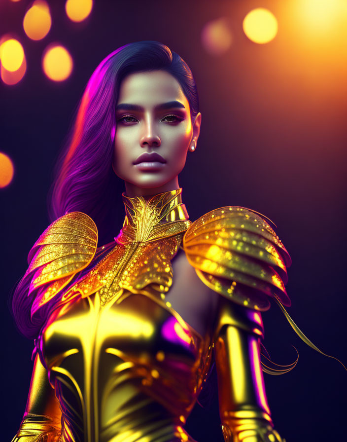 Purple-haired woman in gold futuristic armor on dark background with glowing lights