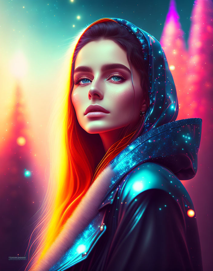 Digital artwork: Woman with blue eyes and red hair in cosmic hooded garment on neon backdrop