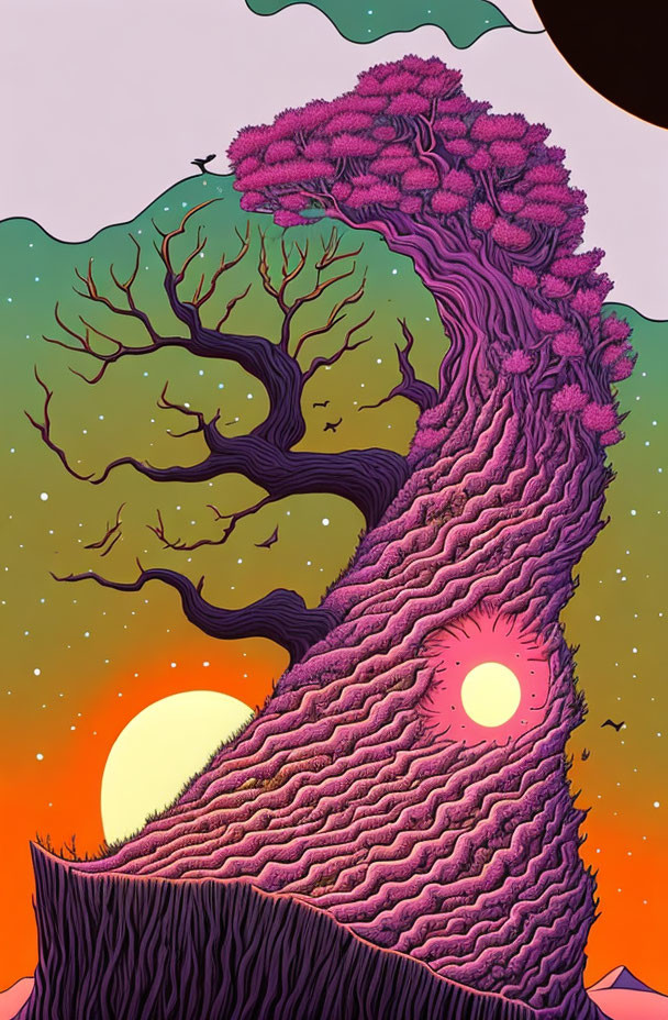 Colorful Tree Illustration Against Sunset Sky with Stars