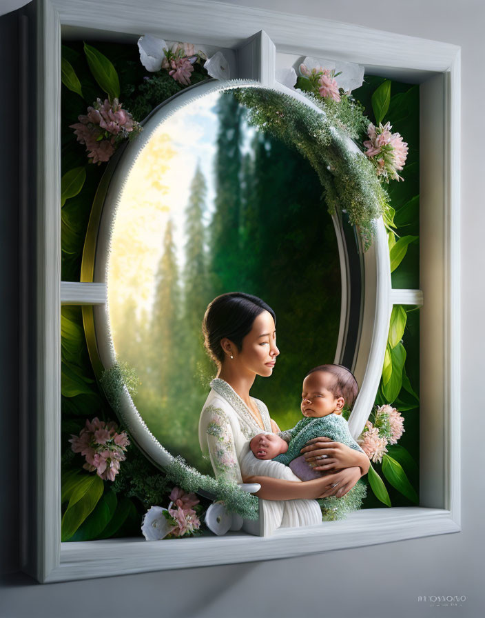 Mother holding sleeping baby in oval mirror with greenery background