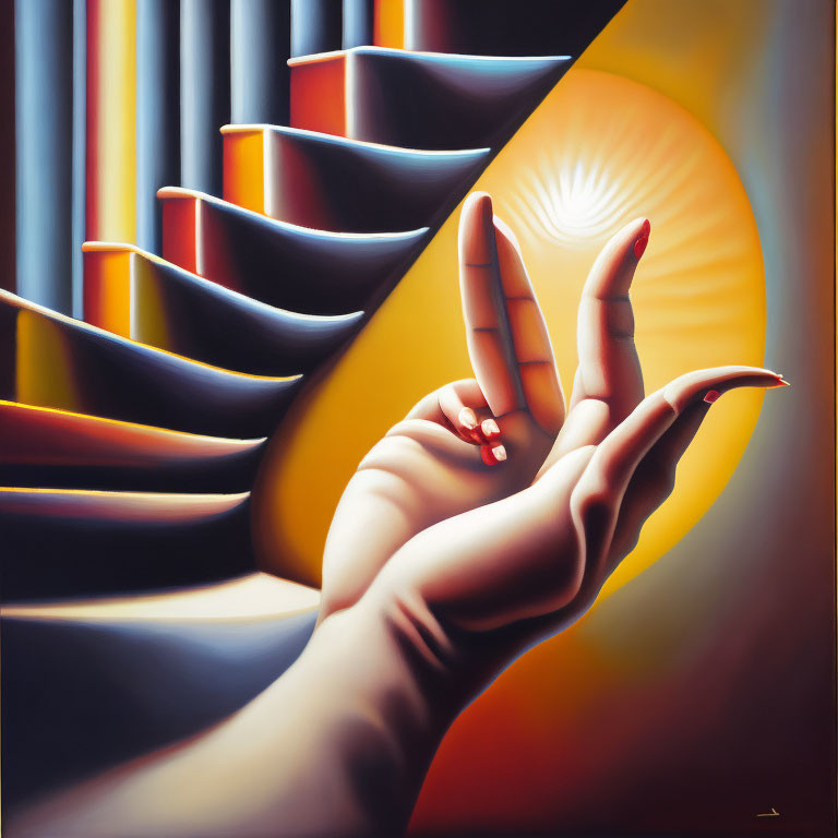 Surreal painting of hand making peace sign with elongated fingers, curved staircases, and radiant