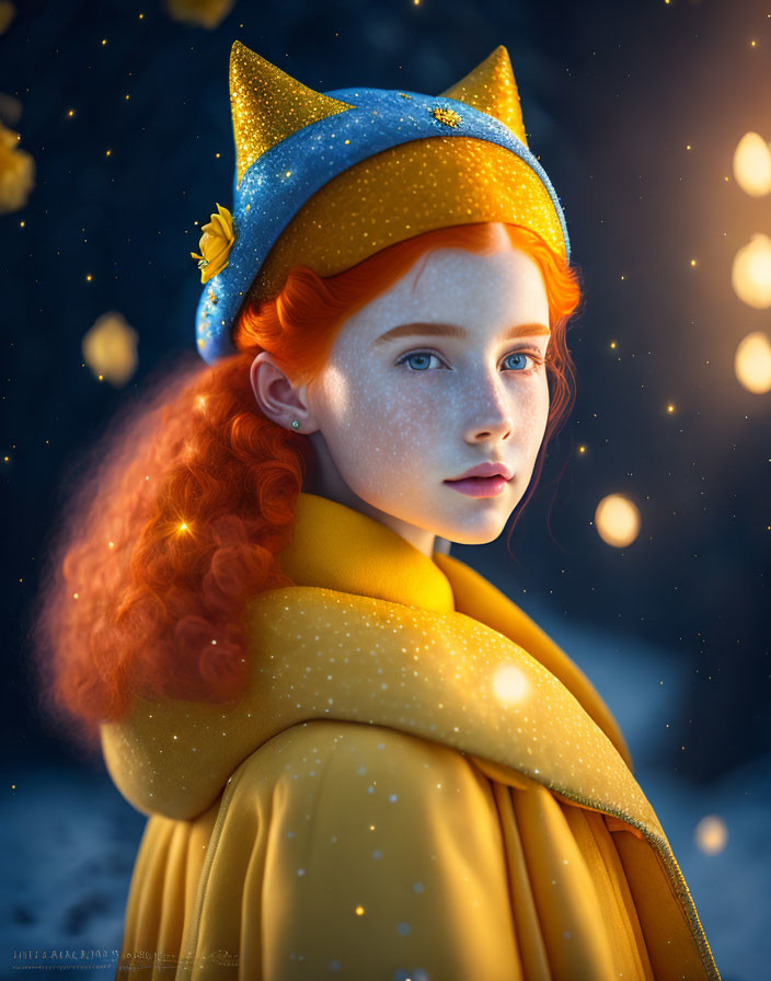 Red-haired girl in yellow cloak with starry crown in magical snowflake backdrop