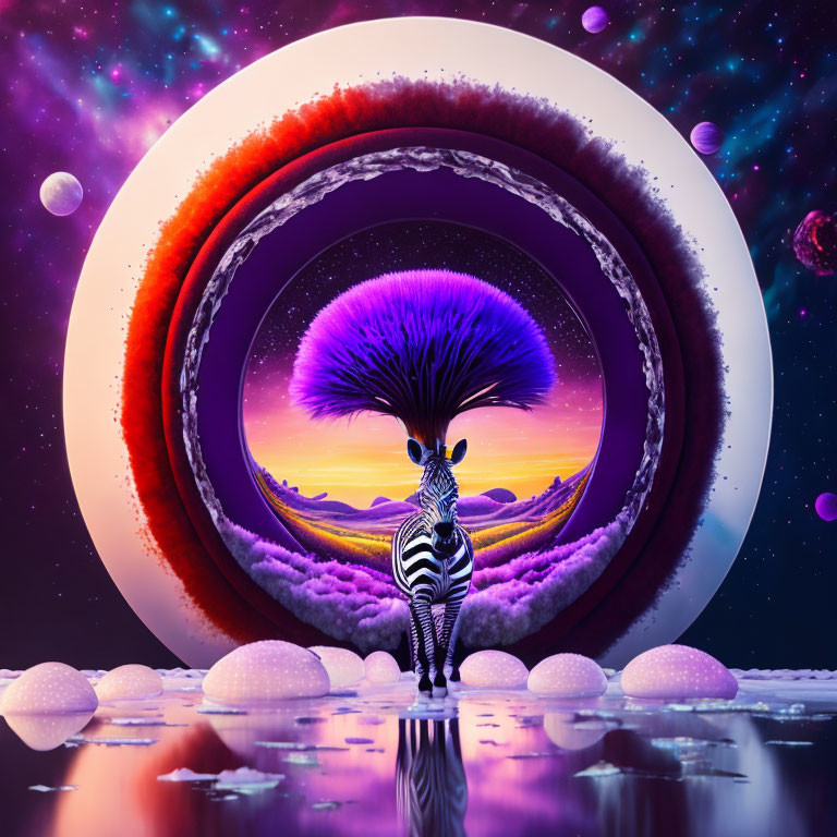 Zebra in front of surreal cosmic landscape with colorful elements