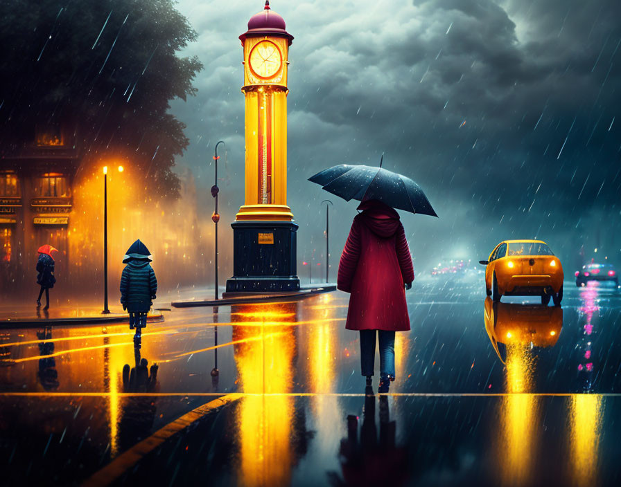 Person in red coat with child walking on wet street under twilight rain.