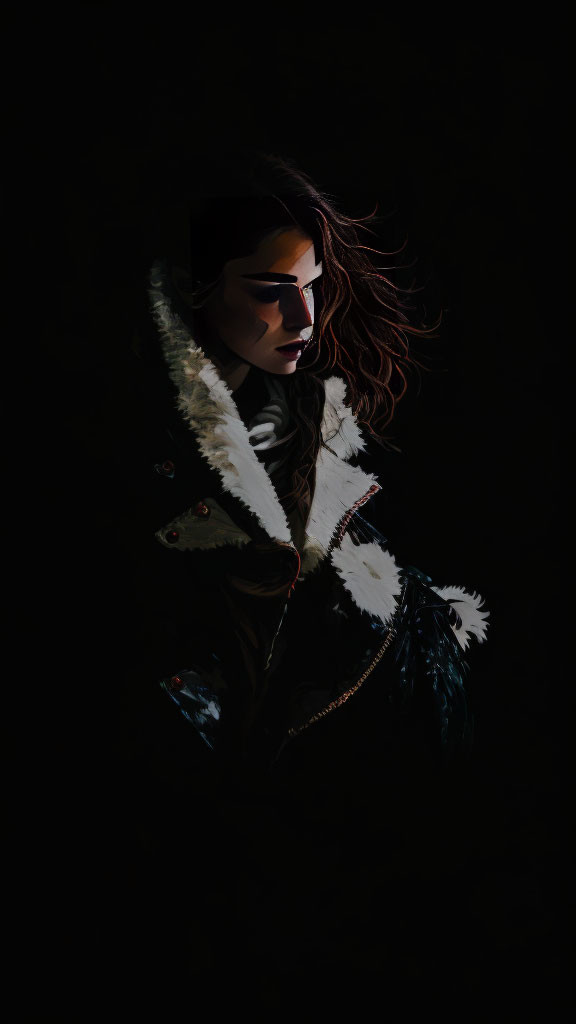 Mysterious figure in dark setting with flowing hair, sunglasses, fur-trimmed jacket