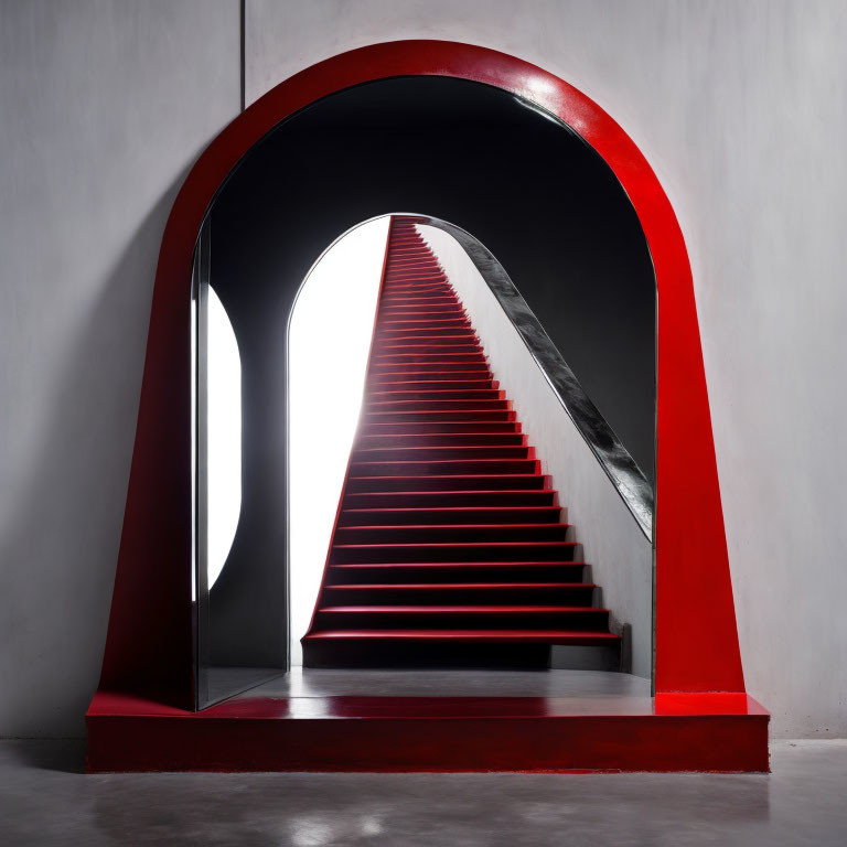 Modern Red Staircase with Arched Entrance and Illuminated Top