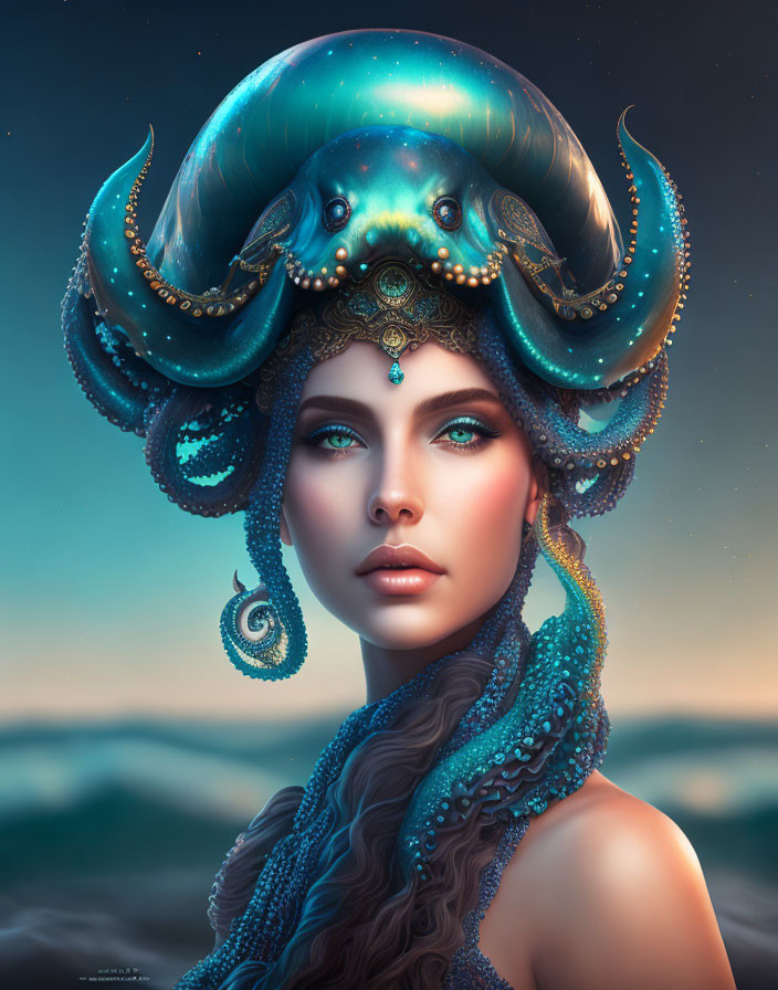 Luminous woman with octopus-themed headdress in oceanic setting