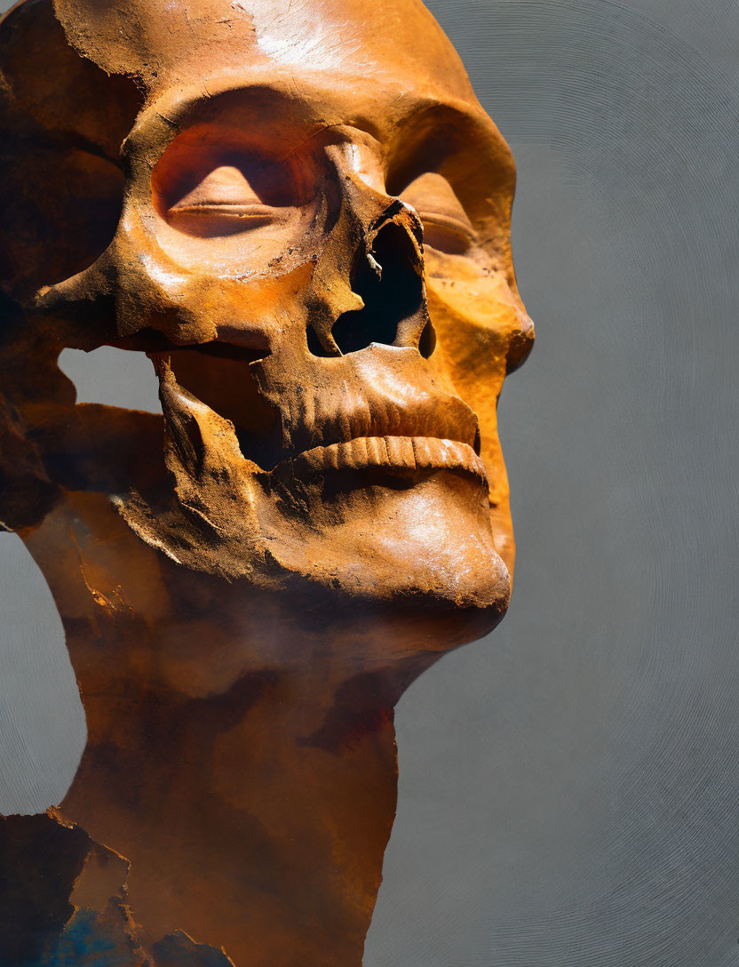 Metallic Human Face Sculpture on Textured Gray Background