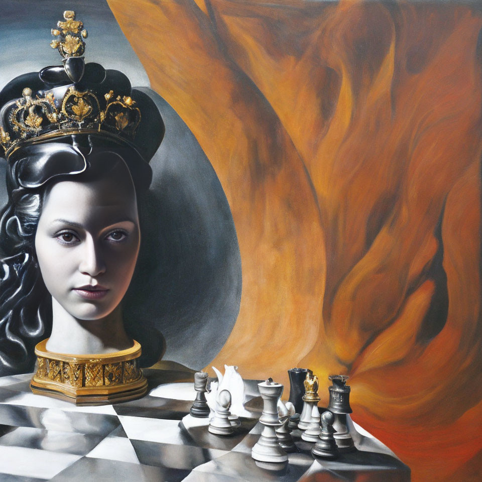 Surreal painting of woman with chessboard pattern and queen piece merging, set against orange flame backdrop