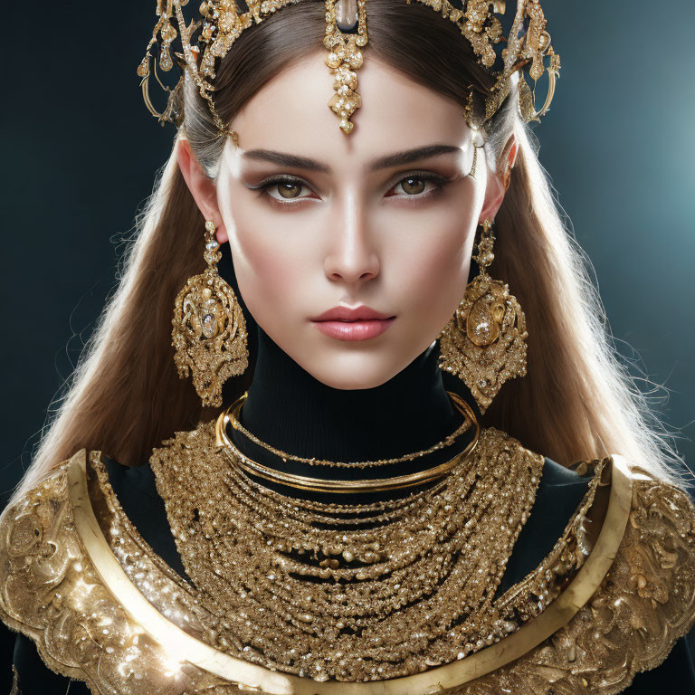 Elaborate gold jewelry on woman against dark background