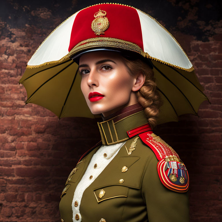 Confident woman in military uniform with white hat and umbrella