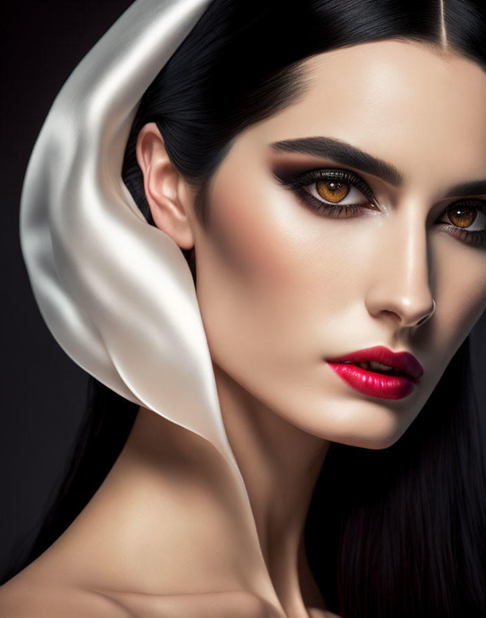 Woman with Striking Makeup: Bold Eyebrows, Bronze Eyeshadow, Red Lipstick