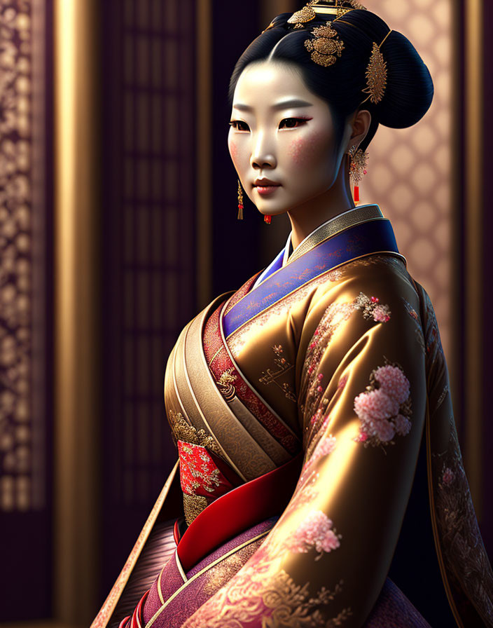 Traditional Asian Attire Woman with Intricate Designs and Makeup