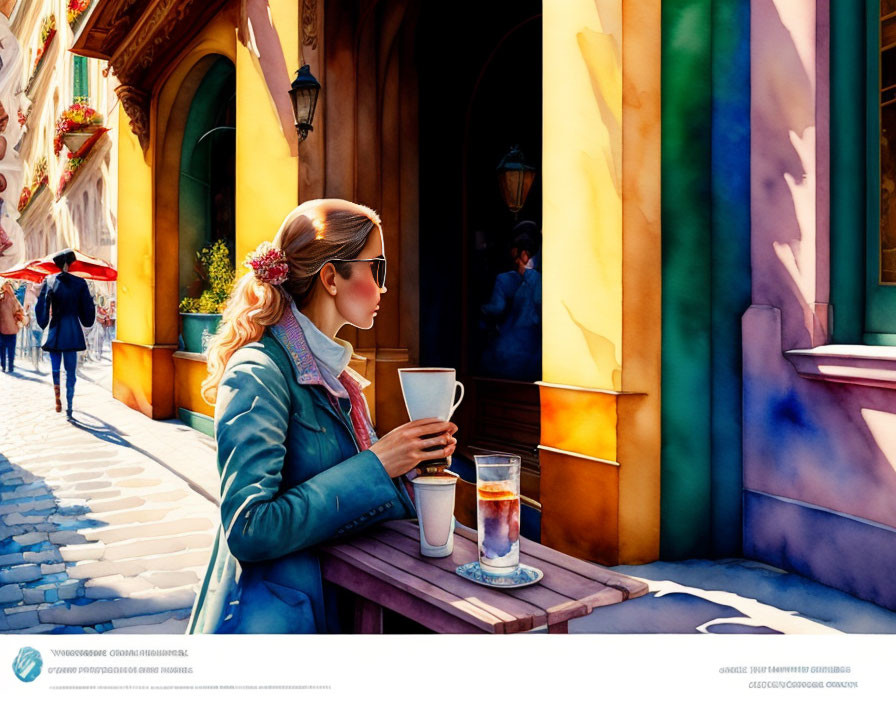 Fashionable woman at sidewalk café with colorful buildings and passersby.